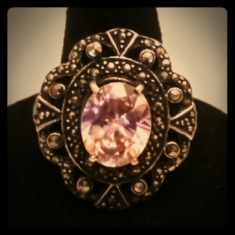 True Vtg. Marcasite and pink topaz ring